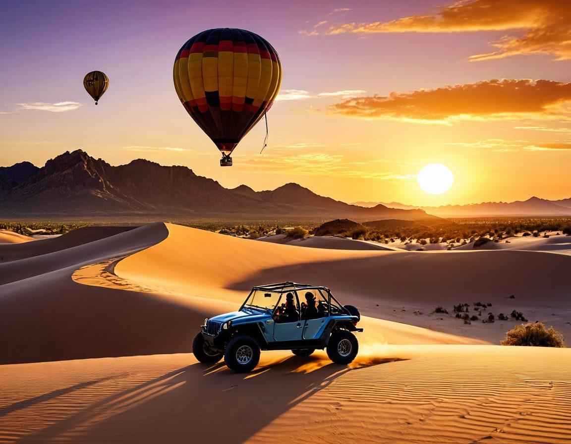 A captivating sunset over a vast desert landscape, featuring an adventurous couple riding dune buggies with trails of sand behind them. Include vibrant cacti and rock formations silhouetted against the golden sky, with a hot air balloon soaring above. Highlight the excitement and thrill of outdoor exploration in an adrenaline-filled setting. super-realistic. vibrant colors. breathtaking landscape.
