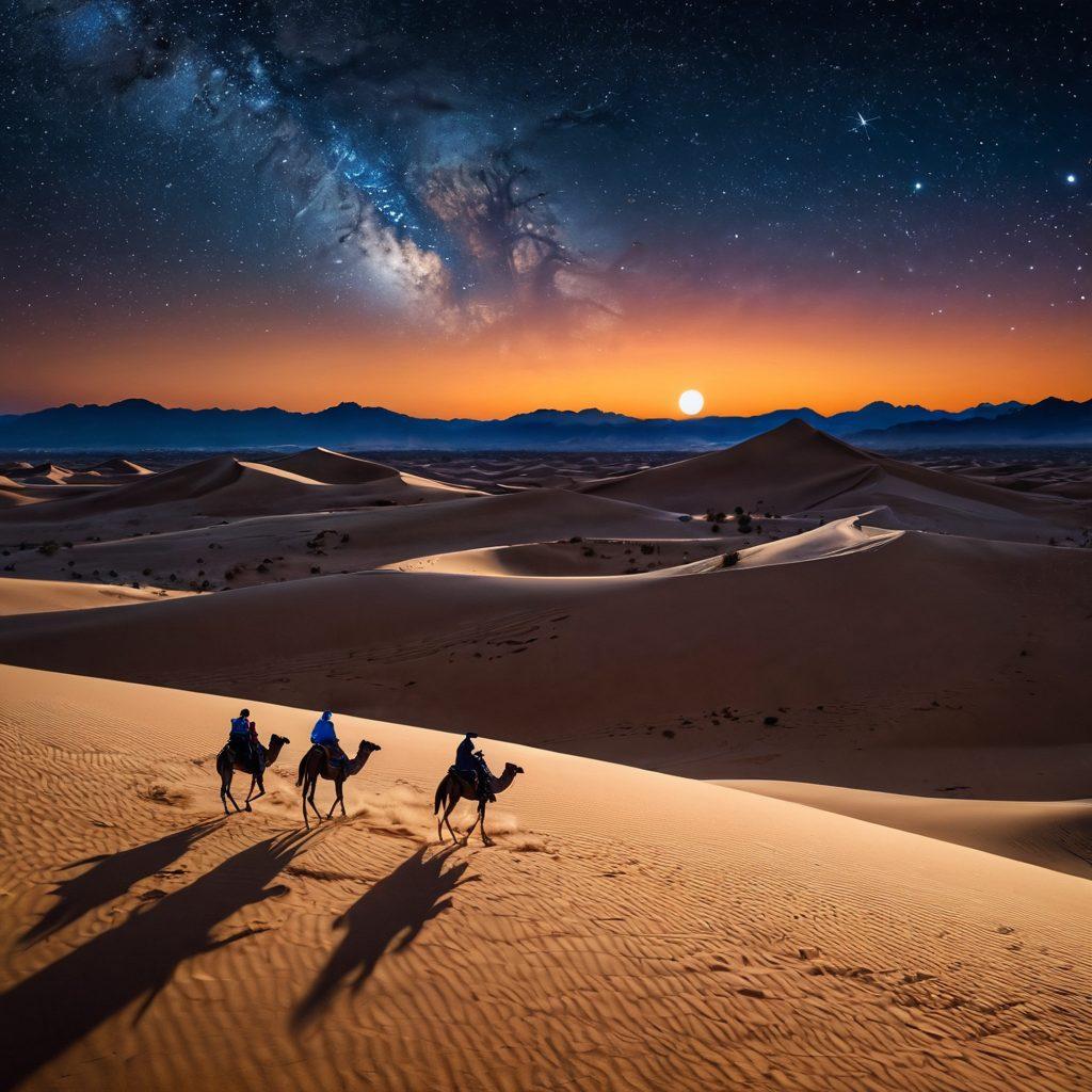 A mesmerizing desert landscape featuring rolling sand dunes under a bright night sky filled with twinkling stars. Include silhouettes of adventurous people engaging in activities like dune bashing, stargazing, and camel riding. The warm hues of sunset melting into deep blue starry night sky create a magical atmosphere. Emphasize the vastness of the desert and the excitement of recreation. vibrant colors. super-realistic.