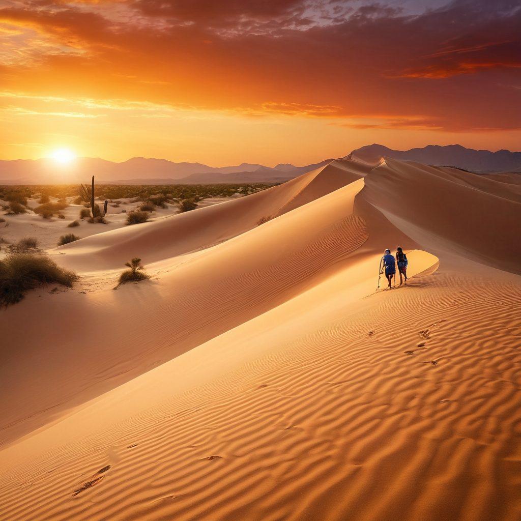 A breathtaking desert landscape at sunset, showcasing a couple engaged in adventurous activities like sandboarding and dune hiking. Their joyful expressions embody outdoor passion, surrounded by golden sand dunes and a colorful sky. Include elements of desert flora, like cacti, for contrast. Enhance the scene with warm, inviting colors to evoke affection and adventure. vibrant colors. super-realistic.